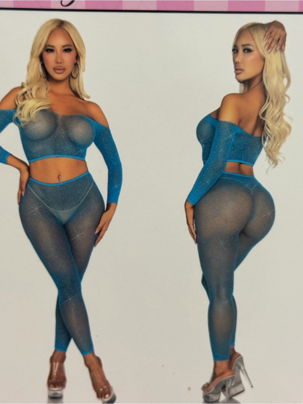 Leg Avenue Blue Sheer Off-Shoulder Sparkle Crop Top Set